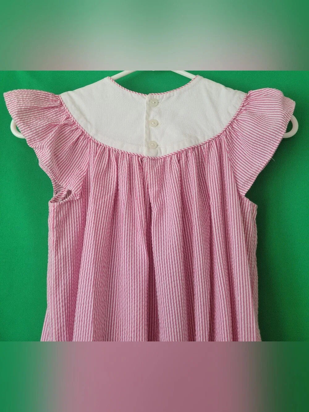 Girls Pink Seersucker Nightgown C Monogram Sz 7/8 Smocked Bishop Flutter Dress